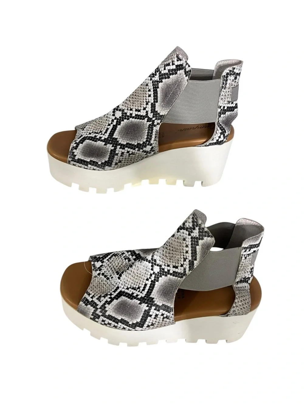 Womens Snake-Print Platform Wedge Sandals in Black & White sz 8